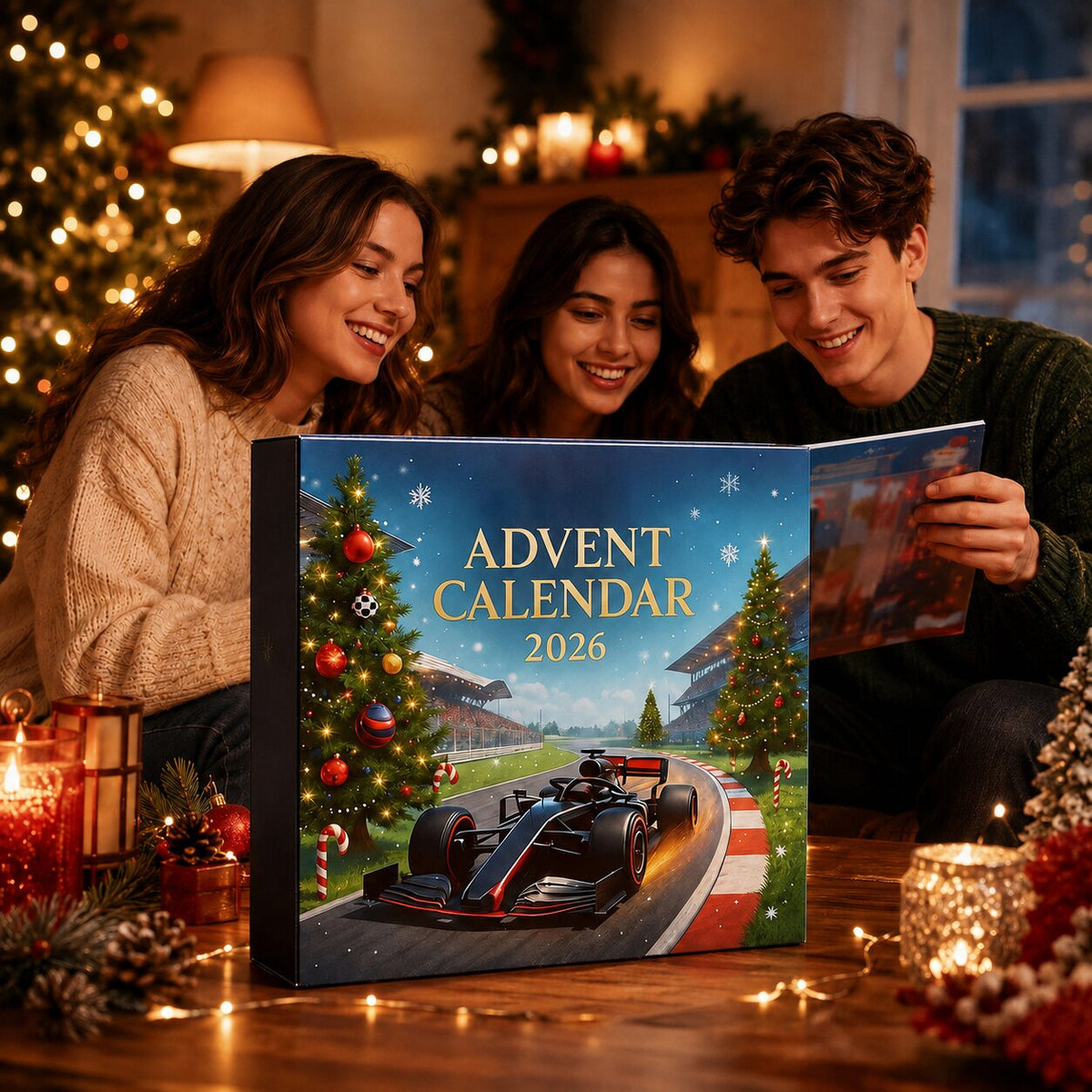 Tre persone aprono il calendario dell'Avvento Formula 1 davanti alle luci natalizie