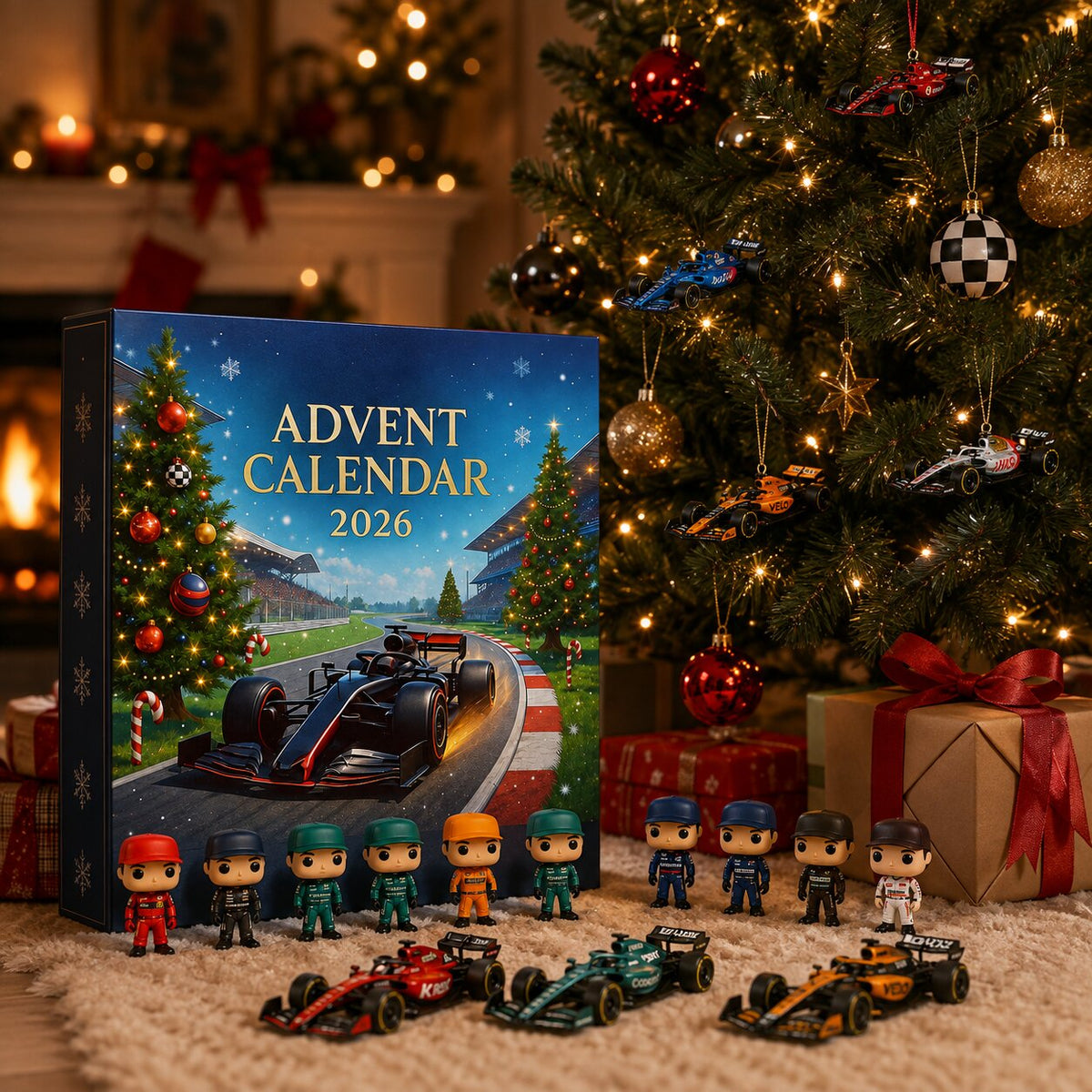 Calendario dell'Avvento Formula 1 con figure di piloti e modellini davanti all'albero