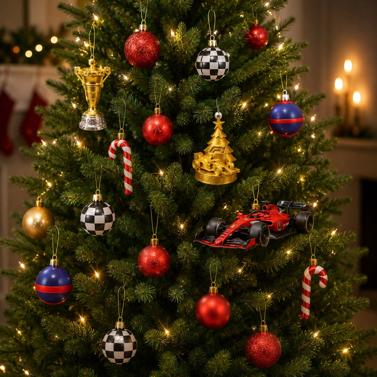 Ornamenti a tema corse appesi all'albero: coppa dorata, palline a scacchi e monoposto rossa