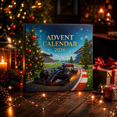 Confezione blu del calendario dell'Avvento Formula 1 2026 con circuito e alberi illuminati