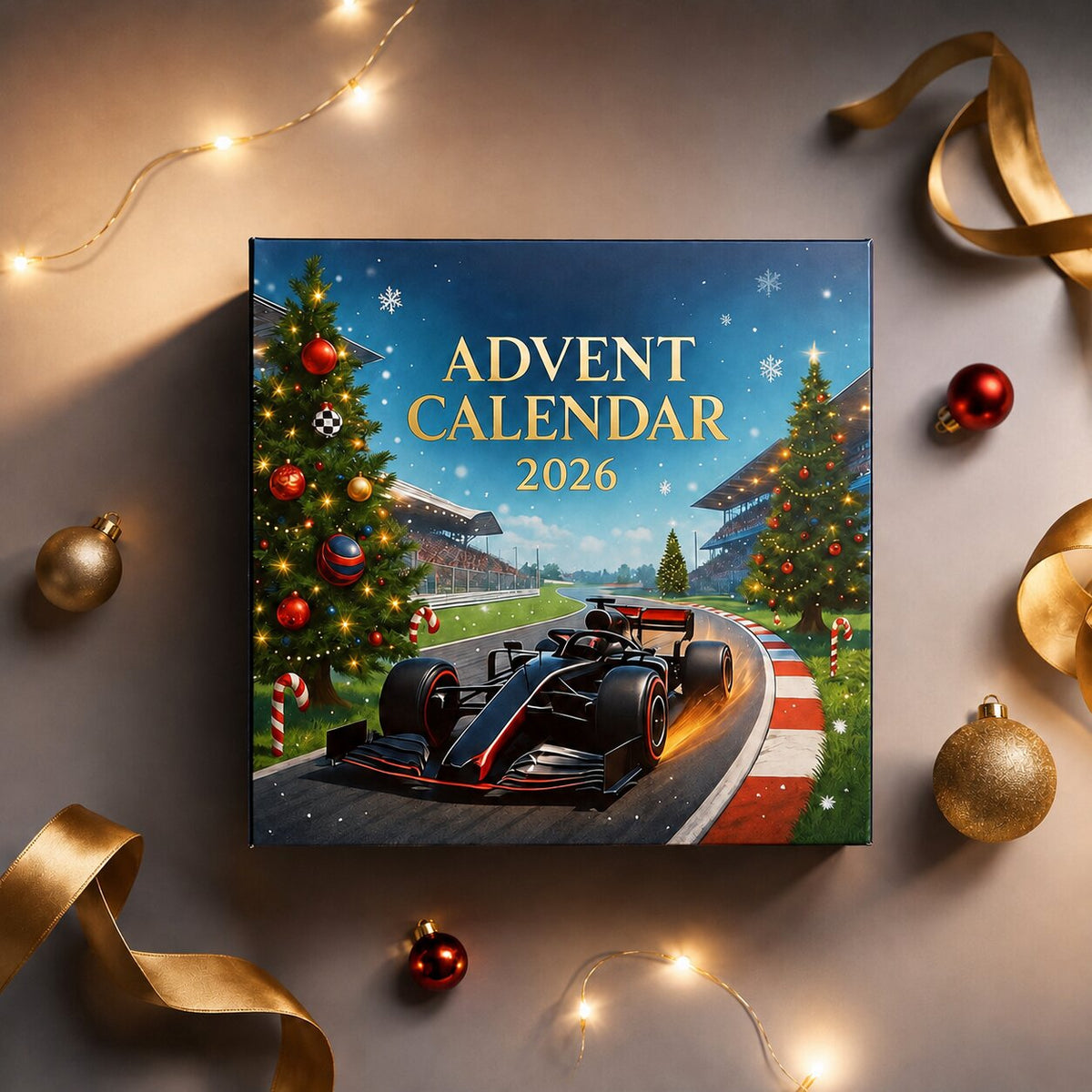 Vista dall'alto della scatola del calendario dell'Avvento Formula 1 con palline dorate