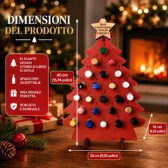 Calendario dell'Avvento in legno rosso con indicazione delle dimensioni 40 x 23 x 16 cm
