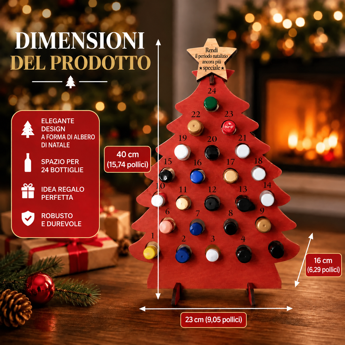Calendario dell'Avvento in legno rosso con indicazione delle dimensioni 40 x 23 x 16 cm