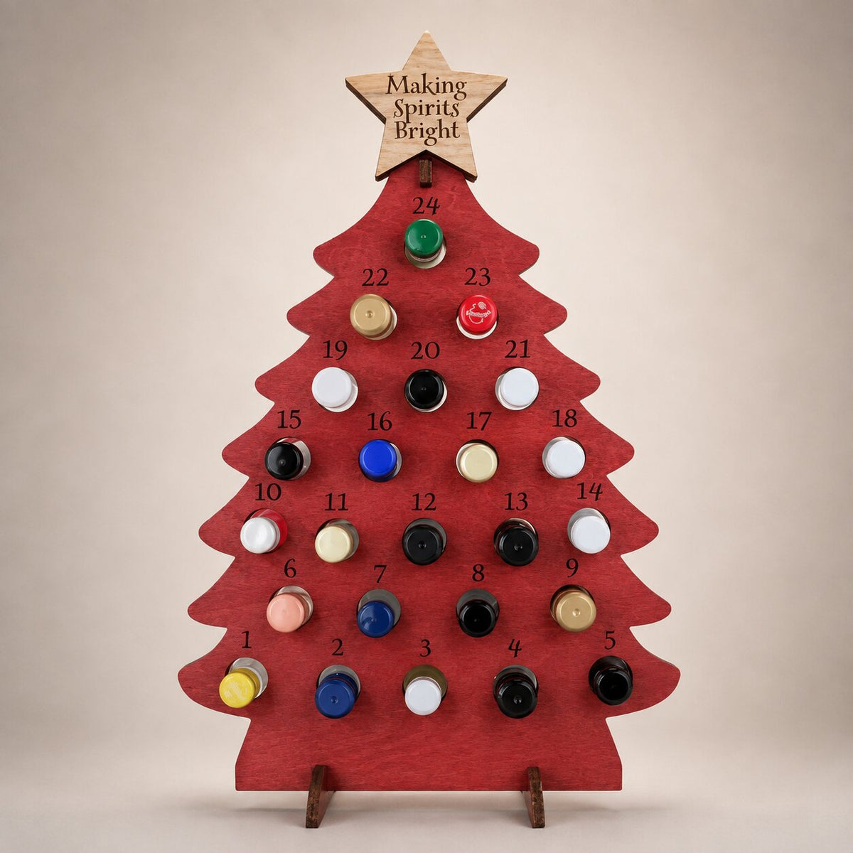 Calendario dell'Avvento in legno rosso con stella chiara e 24 postazioni numerate