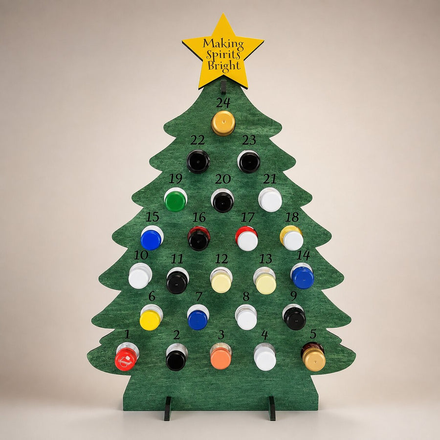 Calendario dell'Avvento in legno verde oliva con stella gialla e bottigliette numerate