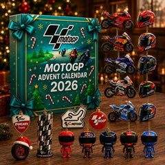 Calendario dell'Avvento MotoGP 2026 verde con ornamenti di moto, caschi e piloti