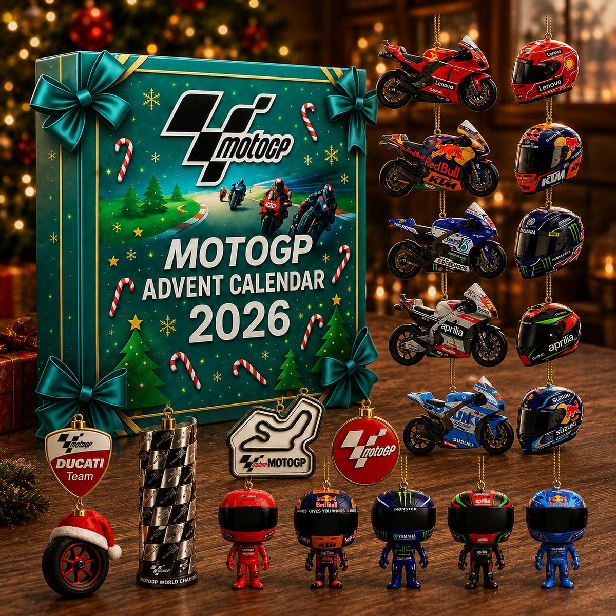 Calendario dell'Avvento MotoGP 2026 verde con ornamenti di moto, caschi e piloti