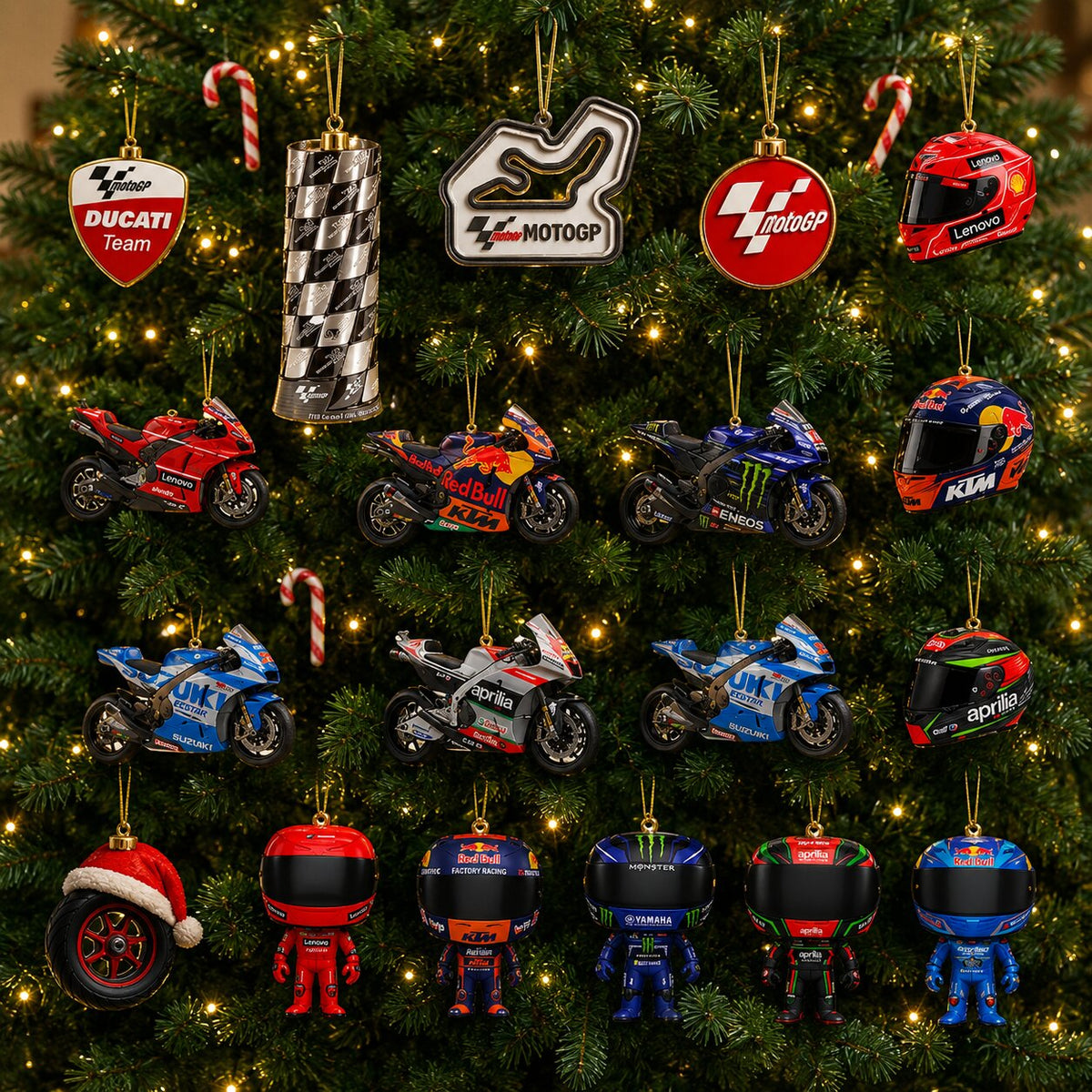 Ornamenti MotoGP appesi all'albero di Natale: moto, caschi, trofeo e piloti