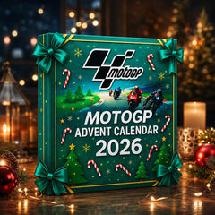 Confezione verde del calendario MotoGP 2026 con fiocchi e alberi di Natale