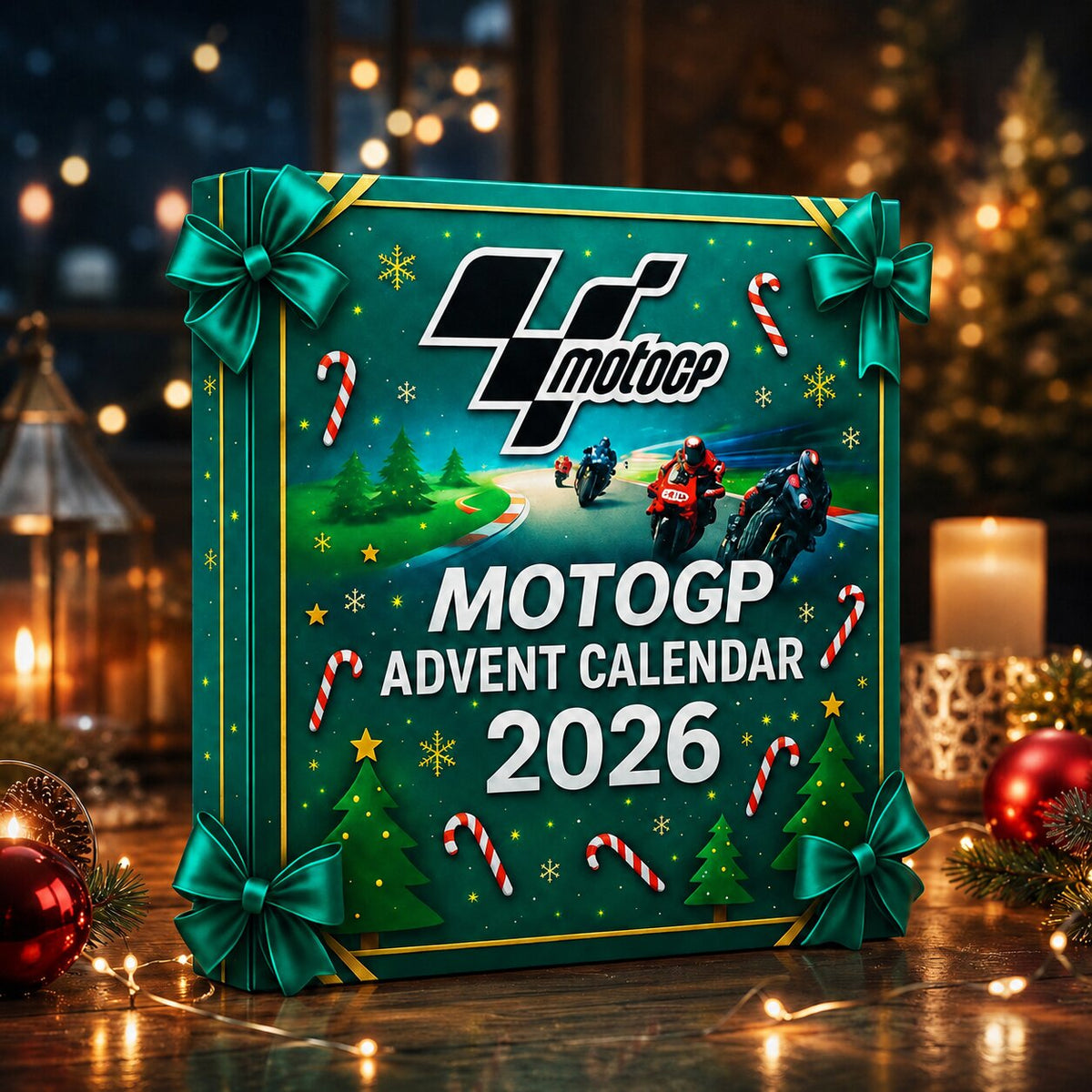 Confezione verde del calendario MotoGP 2026 con fiocchi e alberi di Natale