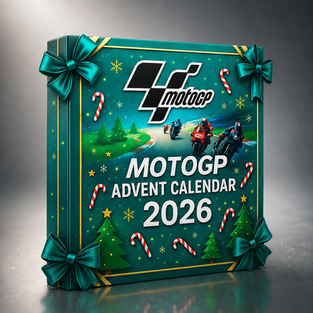 Scatola del calendario dell'Avvento MotoGP 2026 con logo e bastoncini di zucchero