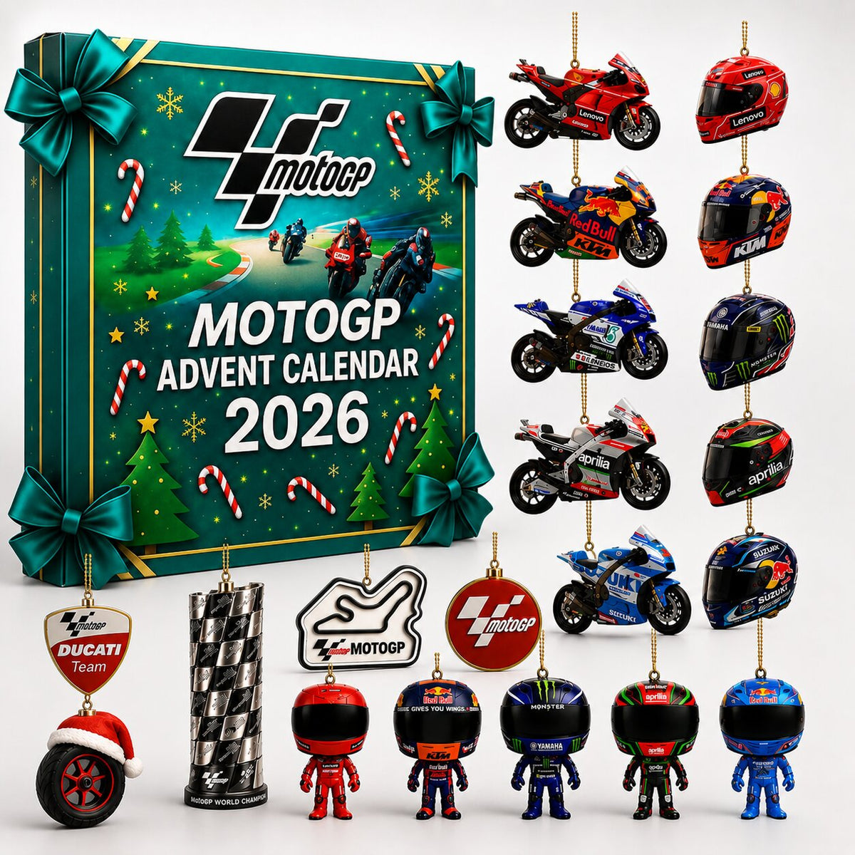 Calendario MotoGP 2026 con i 24 ornamenti 2D su sfondo bianco