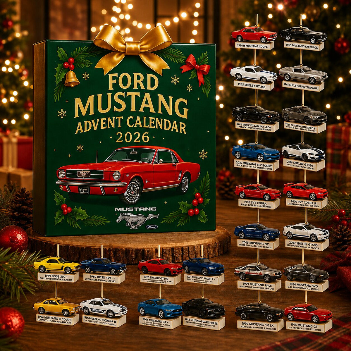 Calendario dell'Avvento Mustang 2026 verde e oro con i 24 ornamenti auto esposti