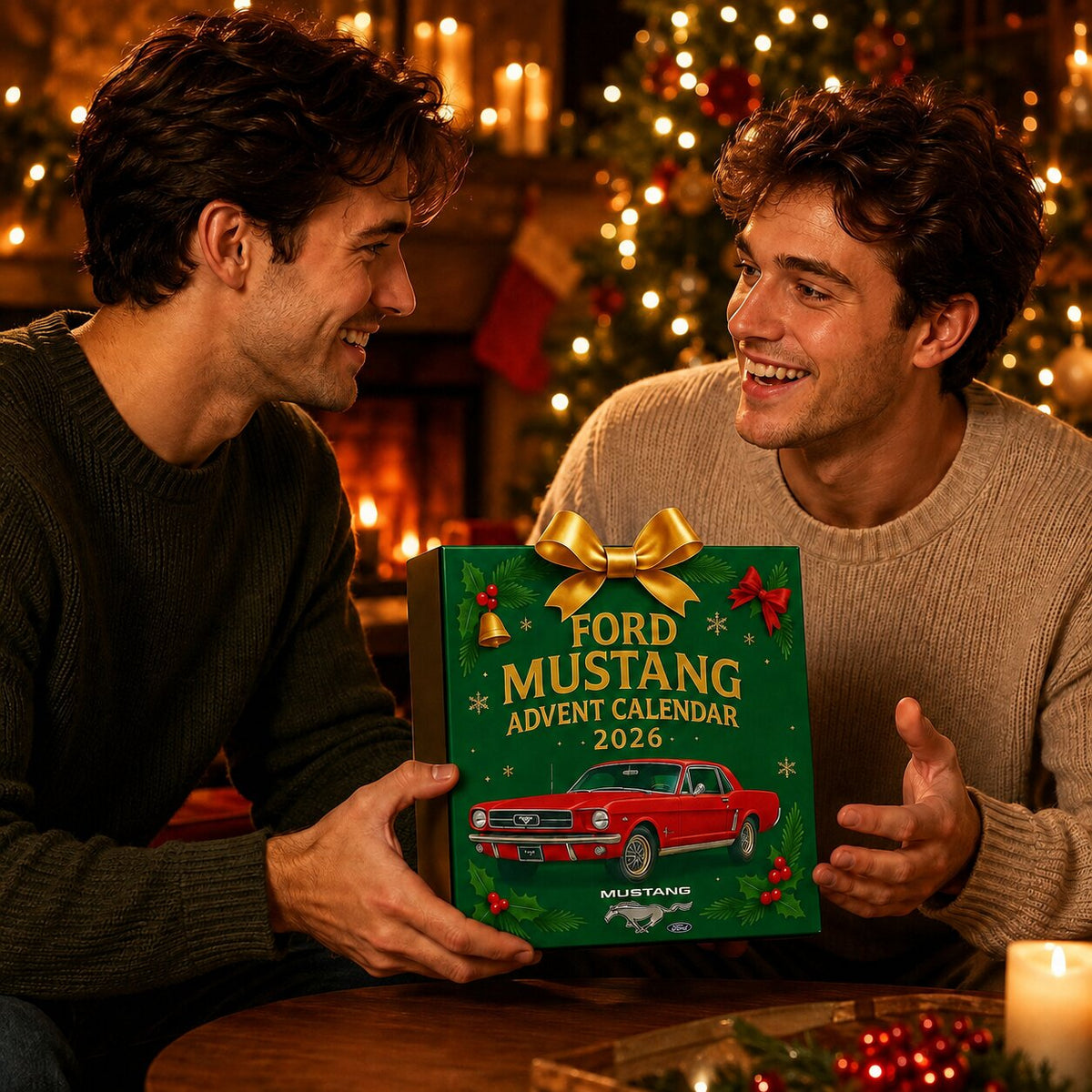 Due uomini tengono il calendario dell'Avvento Mustang davanti all'albero di Natale