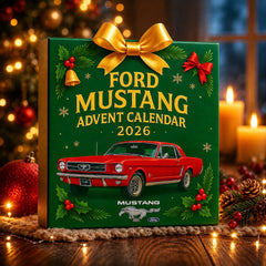 Confezione verde del calendario dell'Avvento Mustang con fiocco dorato e coupé rossa