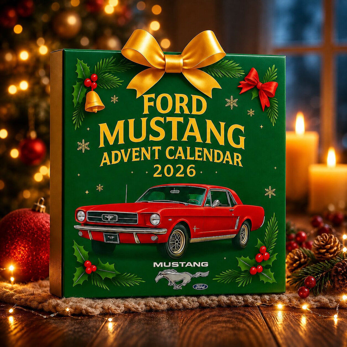 Confezione verde del calendario dell'Avvento Mustang con fiocco dorato e coupé rossa