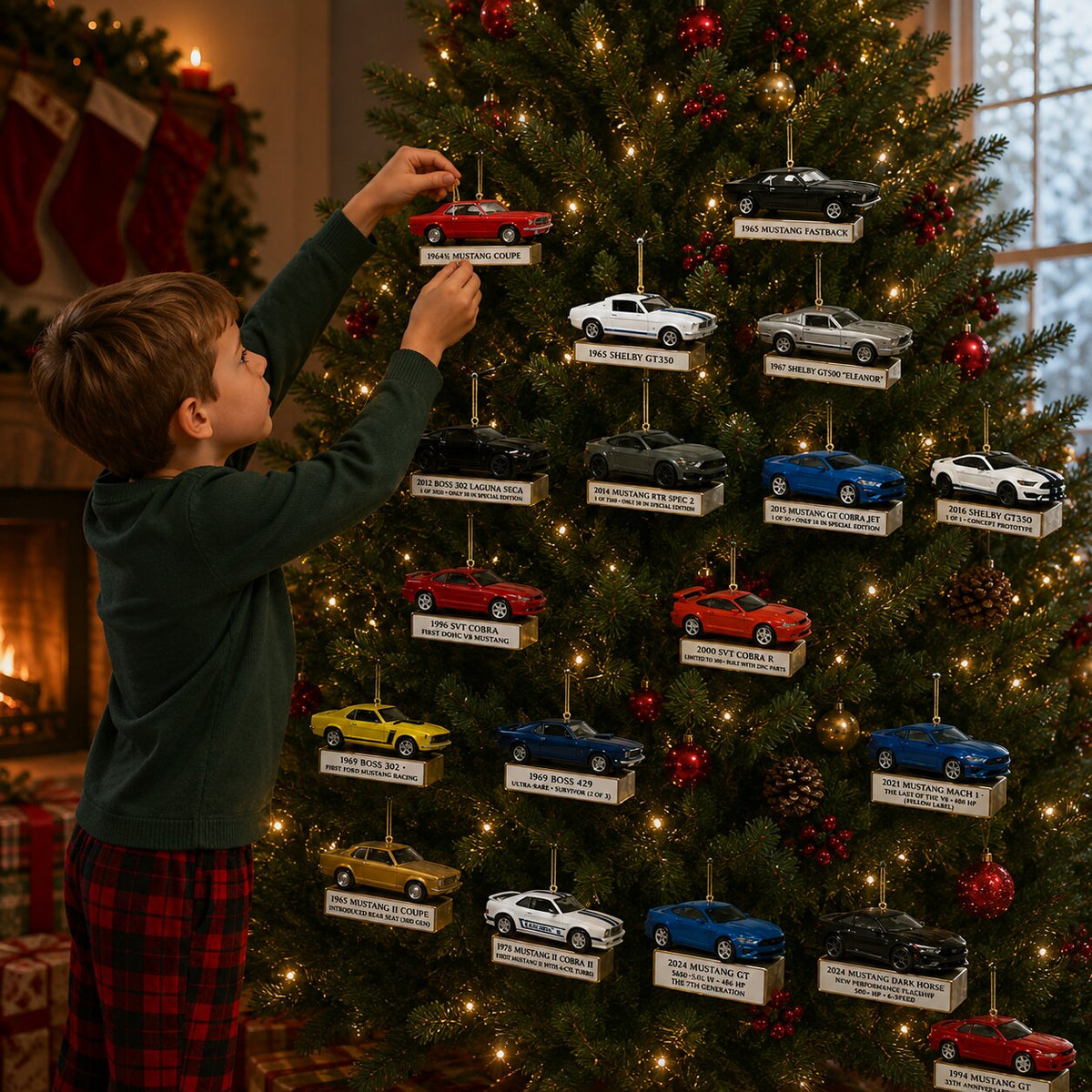 Bambino appende un ornamento Mustang rosso ai rami dell'albero di Natale