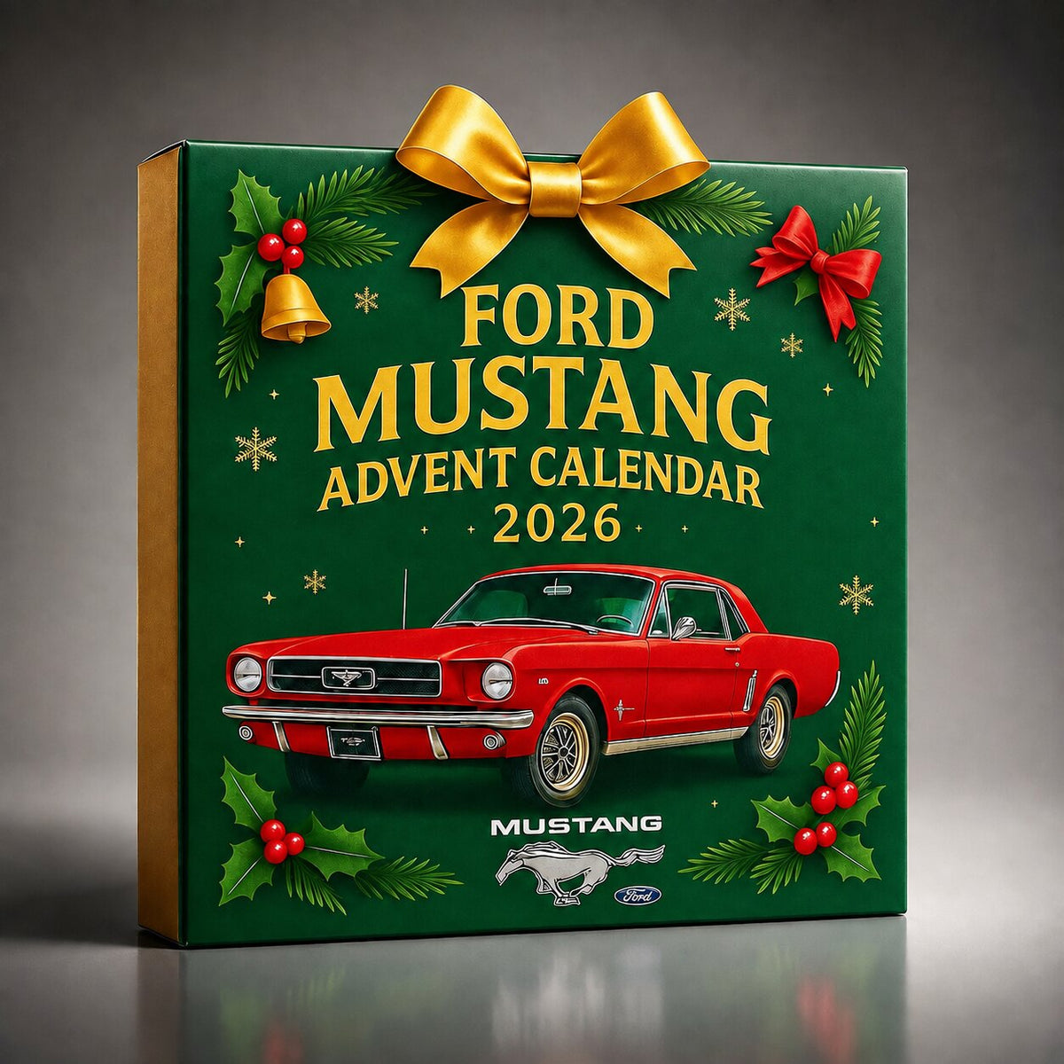 Scatola del calendario dell'Avvento Mustang 2026 con fiocco oro su fondo grigio