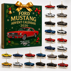 Calendario dell'Avvento Mustang con i 24 ornamenti auto 2D su fondo bianco