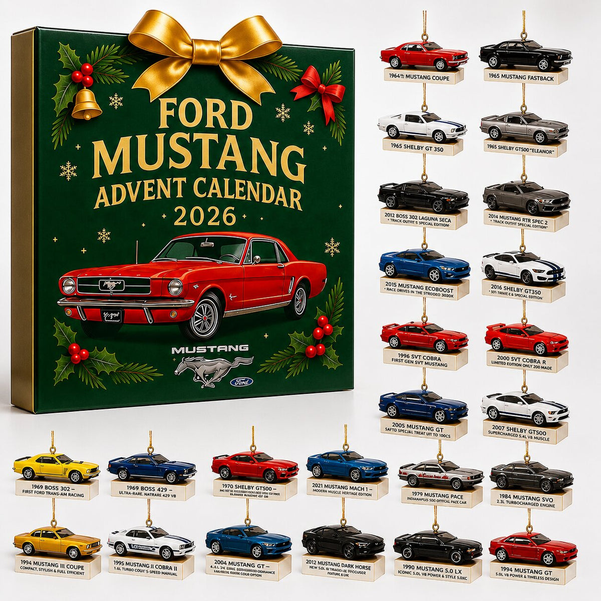 Calendario dell'Avvento Mustang con i 24 ornamenti auto 2D su fondo bianco