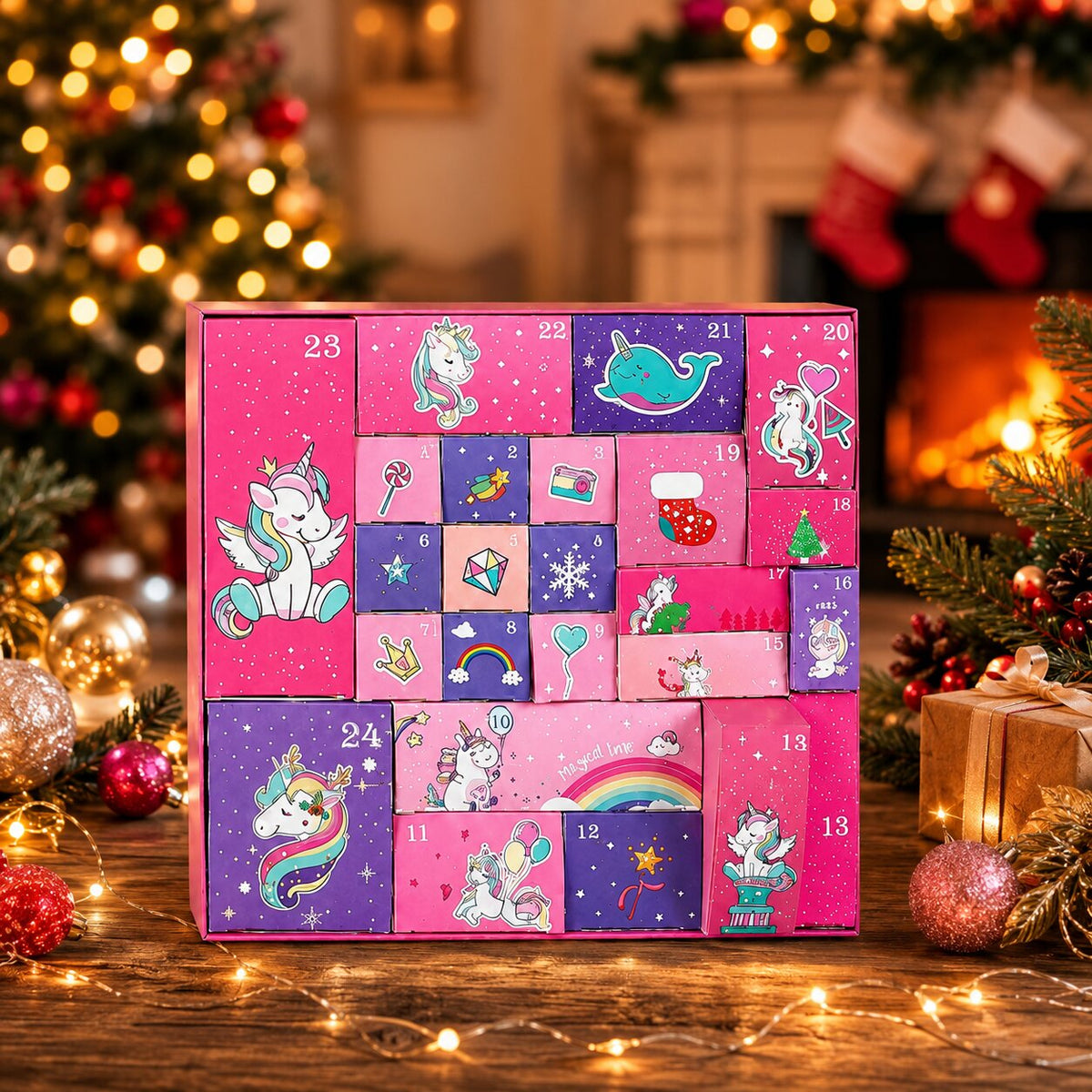 Calendario dell'Avvento chiuso con 24 finestrelle numerate davanti all'albero di Natale