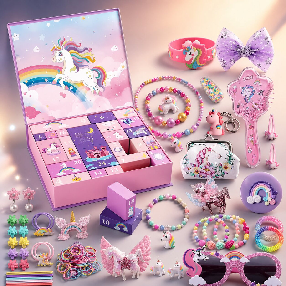 Scatola aperta del calendario con braccialetti, fermagli, occhiali e portamonete a tema pony
