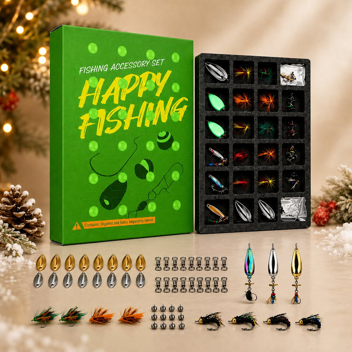Calendario dell'Avvento pesca con scatola verde e vassoio nero a 24 scomparti