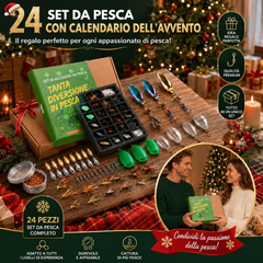 Infografica del calendario dell'Avvento pesca con 24 elementi e vassoio a scomparti