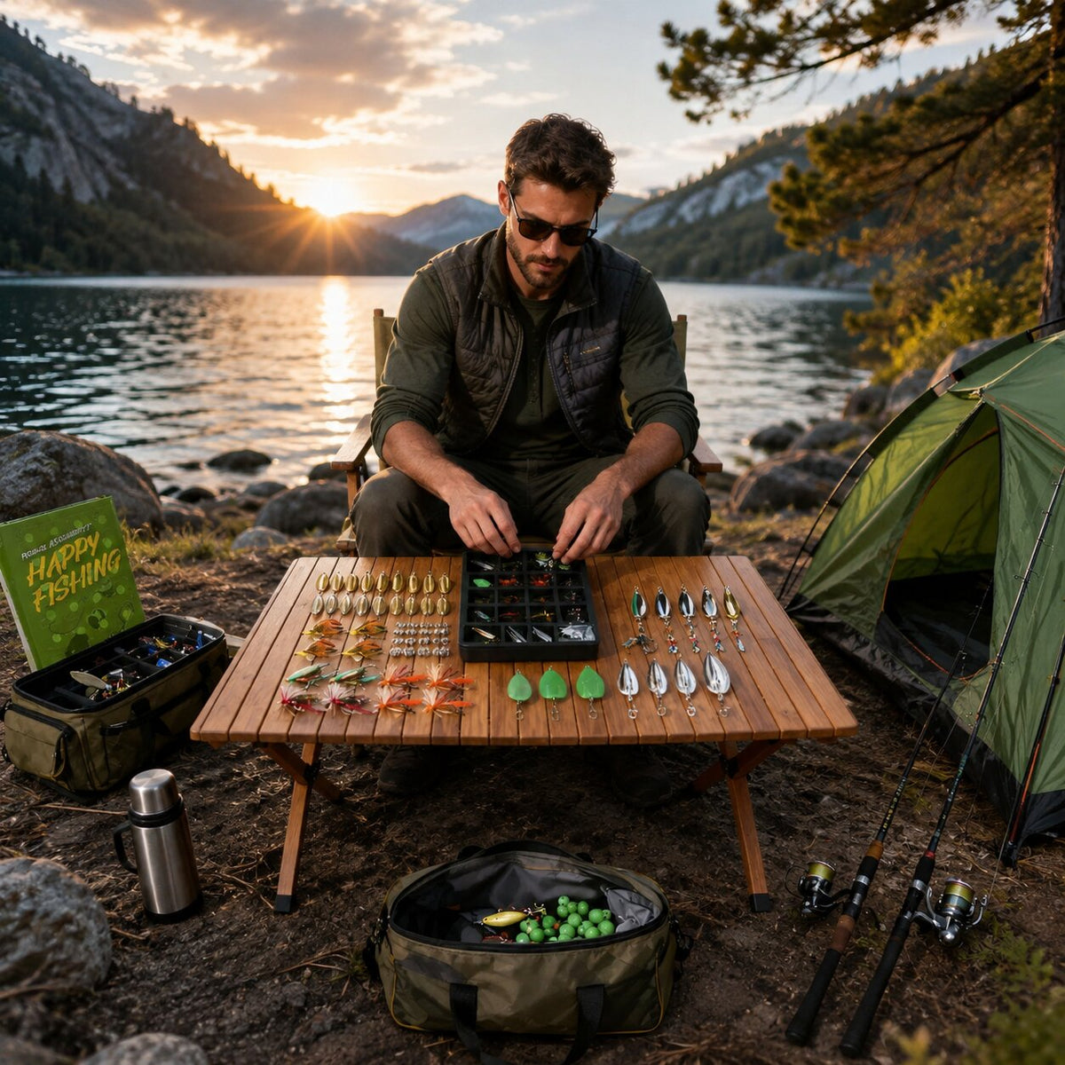 Uomo al lago osserva gli elementi del calendario dell'Avvento a tema pesca