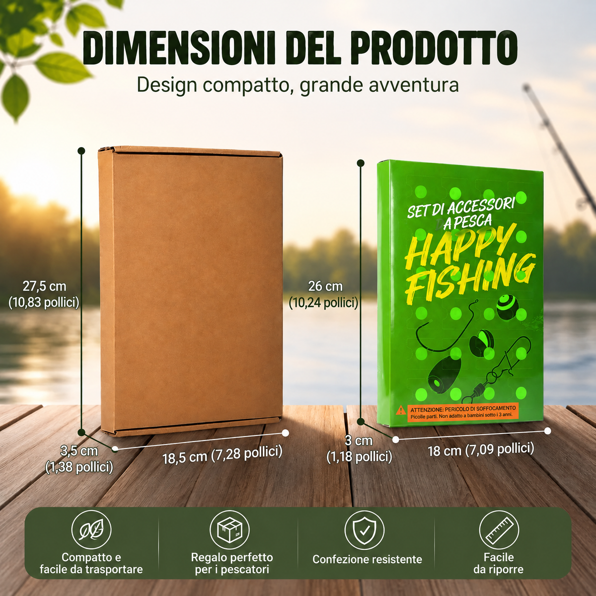 Misure della confezione del calendario dell'Avvento pesca verde e scatola marrone