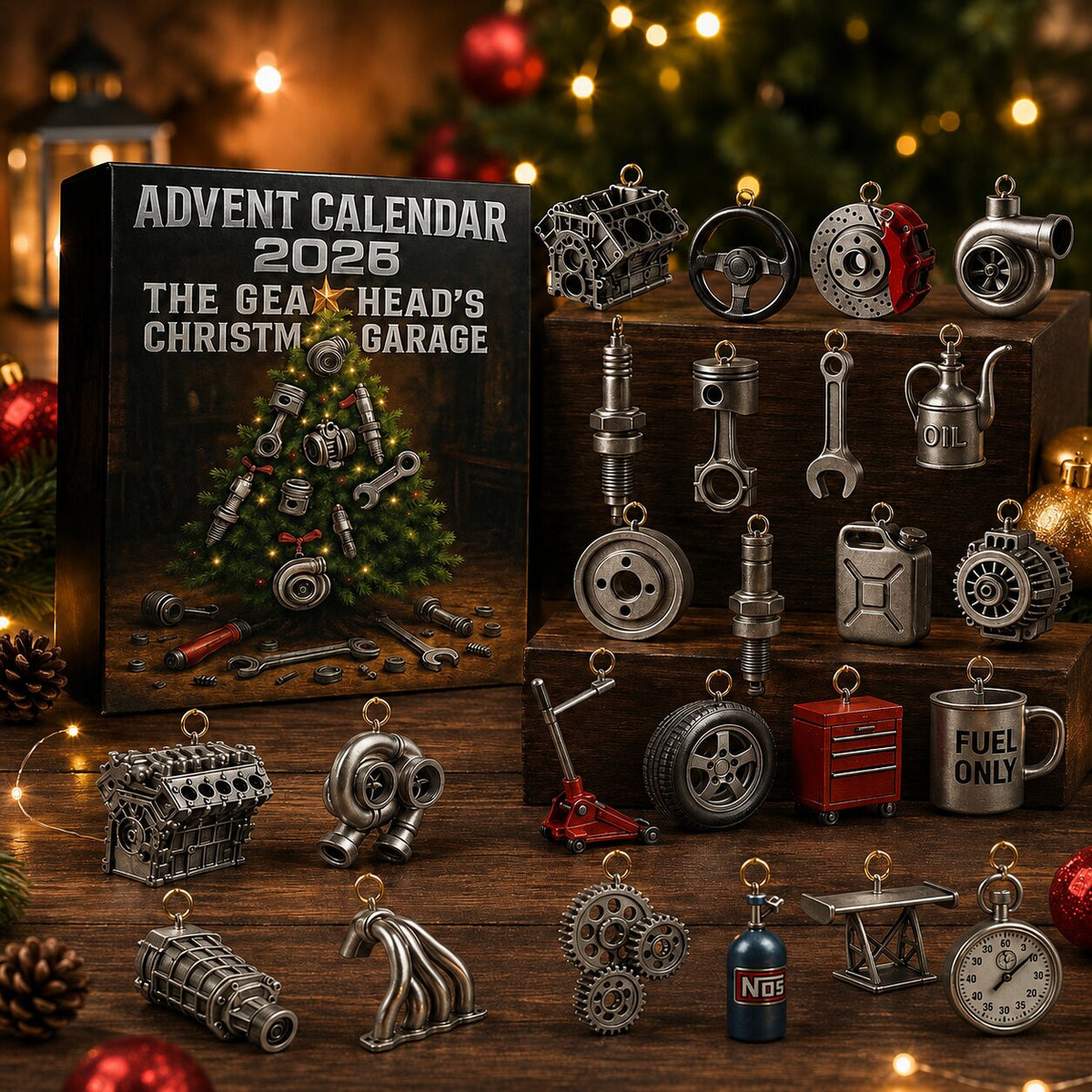 Calendario dell'Avvento ricambi auto con ornamenti di motori, pneumatici e utensili