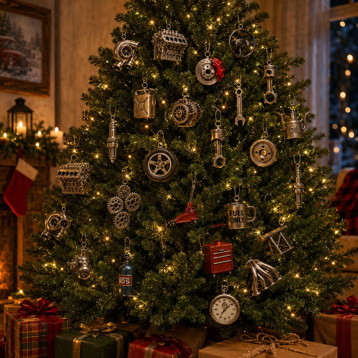 Ornamenti a tema officina appesi all'albero di Natale illuminato