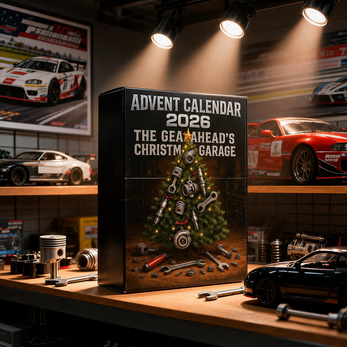 Scatola del calendario dell'Avvento 2026 esposta tra modellini di auto da corsa