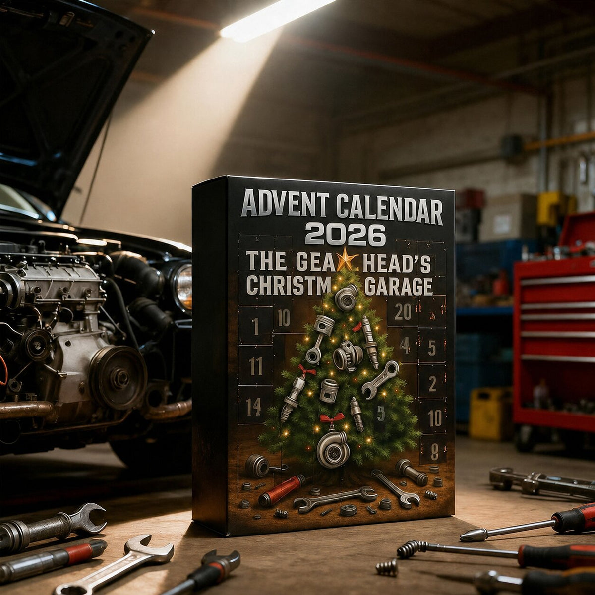 Calendario dell'Avvento ricambi auto in officina accanto a chiavi e cassettiera rossa