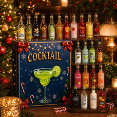 Calendario dell'Avvento dei cocktail con confezione blu navy e pendenti a forma di bottiglia