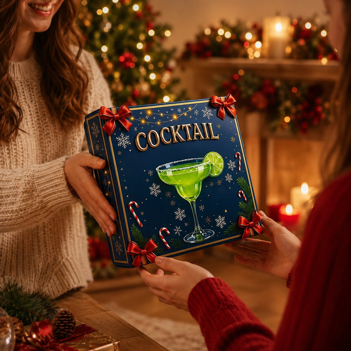 Calendario dell'Avvento dei cocktail passato di mano come regalo davanti all'albero di Natale