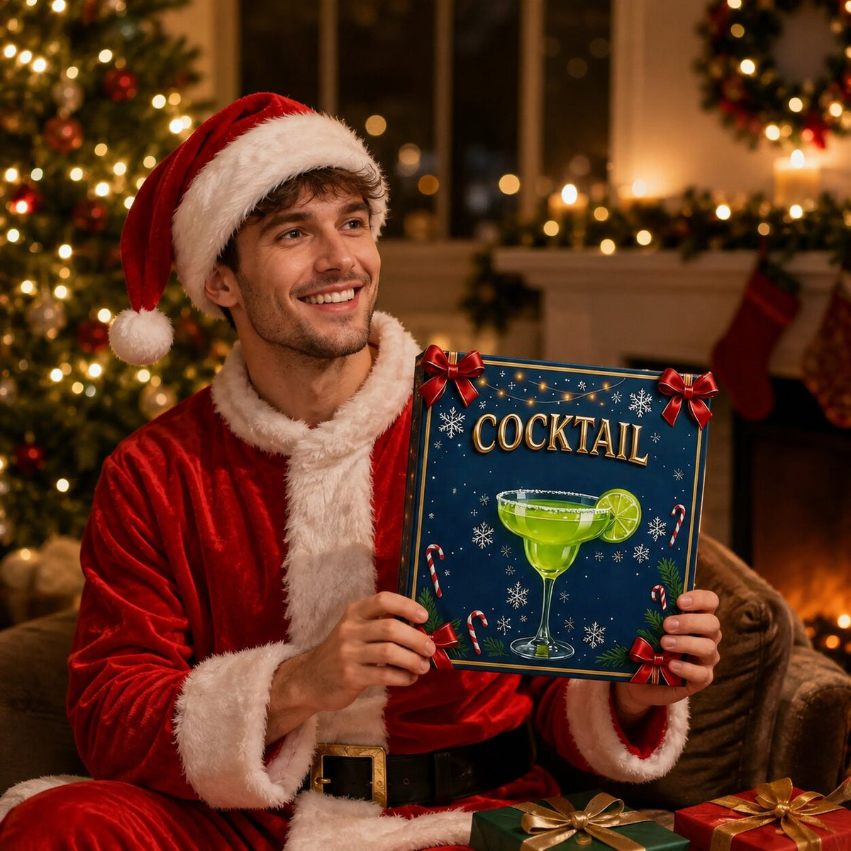 Uomo con cappello di Babbo Natale mostra il calendario dell'Avvento dei cocktail blu navy