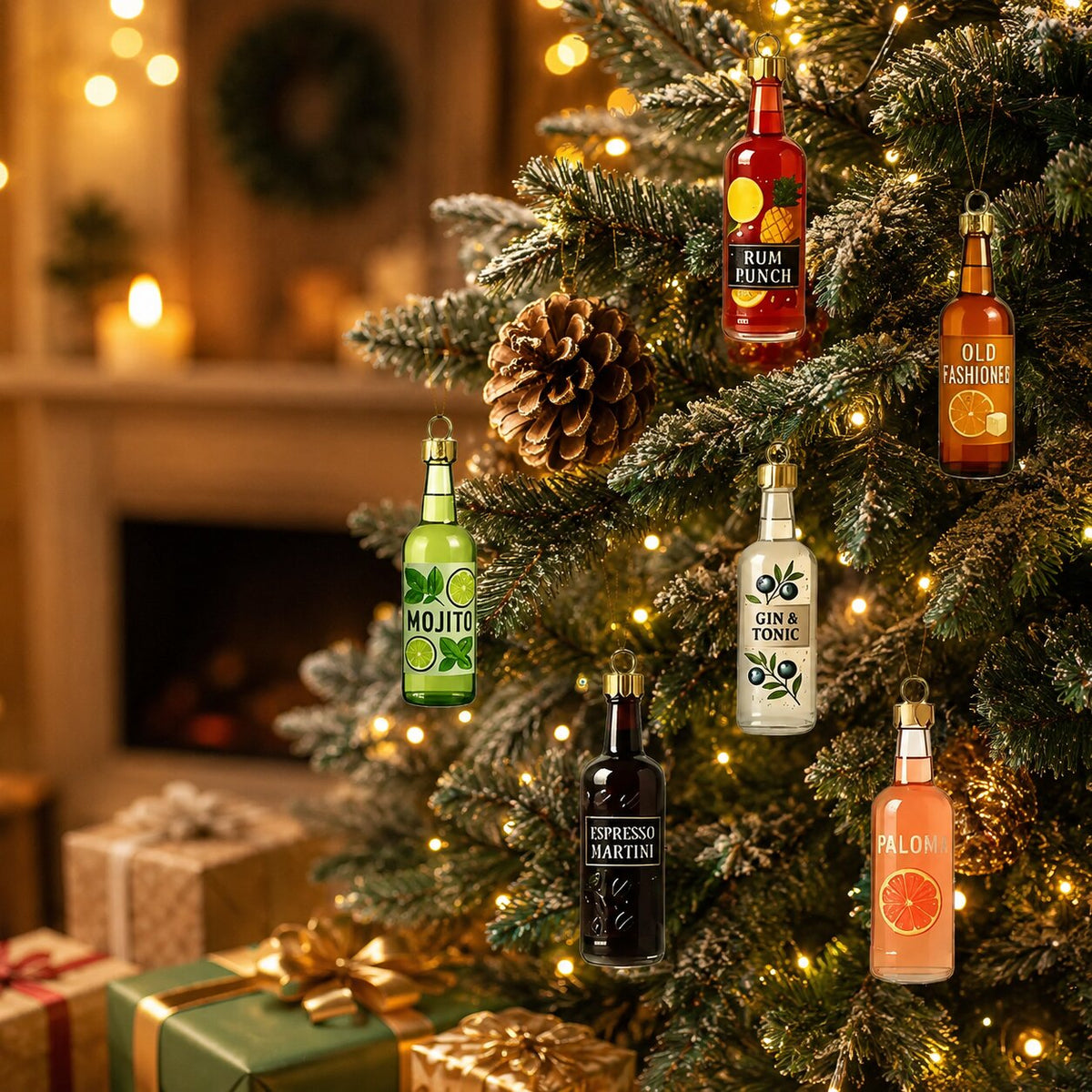 Pendenti decorativi a tema cocktail appesi ai rami di un albero di Natale illuminato