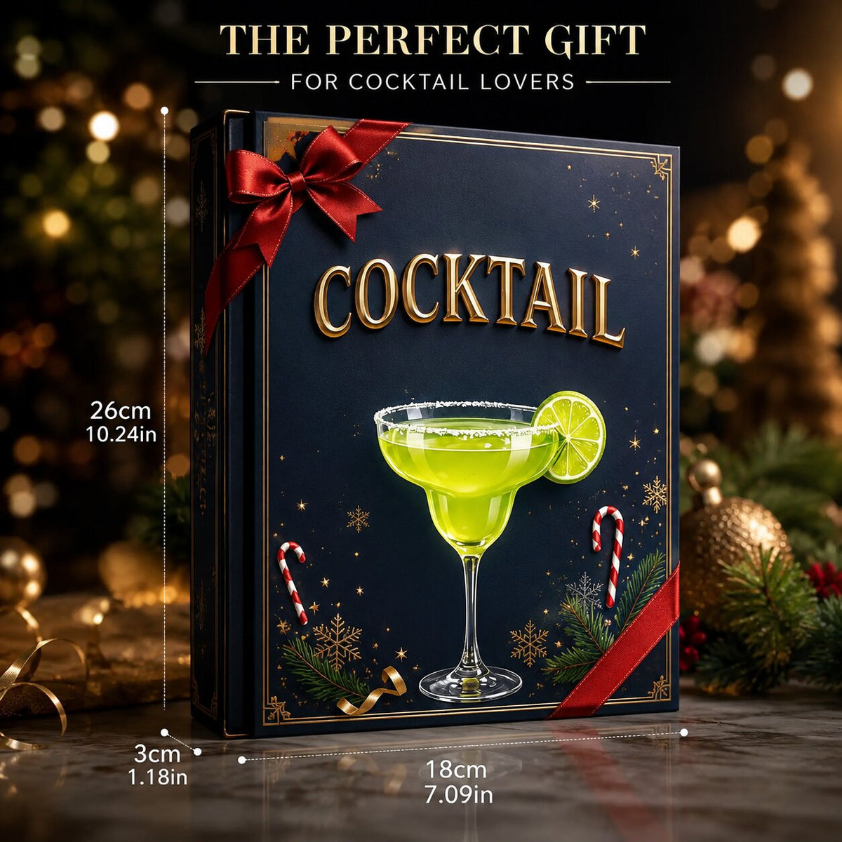 Calendario dell'Avvento dei cocktail con indicazione delle dimensioni 26 x 18 x 3 cm