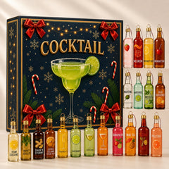 Confezione del calendario con i 24 pendenti cocktail allineati su fondo chiaro