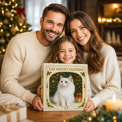 Famiglia che tiene il calendario dell'Avvento dei gatti davanti all'albero di Natale illuminato
