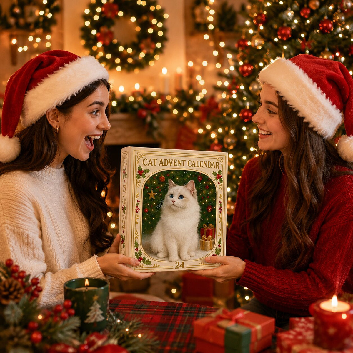 Due ragazze con cappello natalizio mostrano il calendario dell'Avvento con gatto bianco