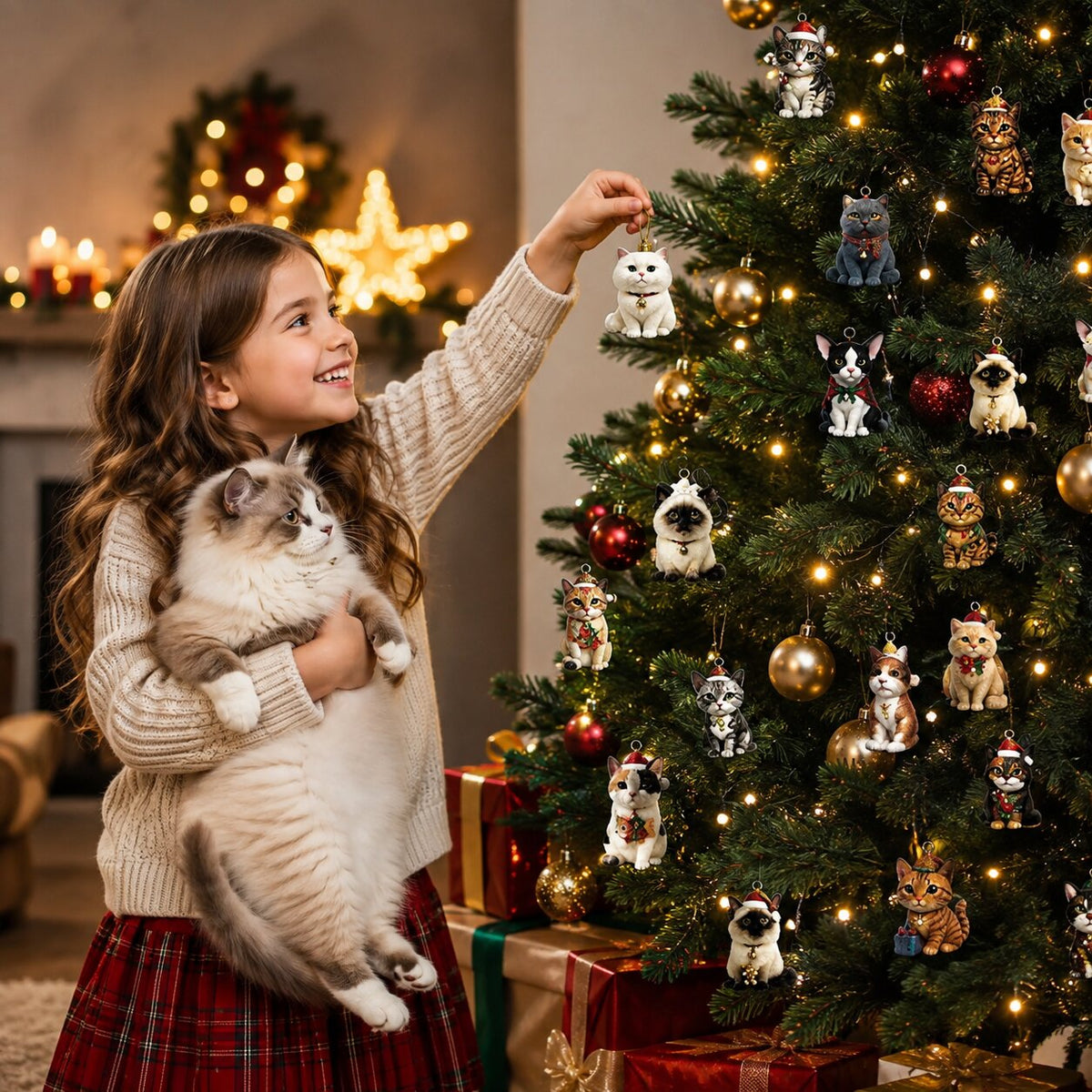 Bambina appende un ornamento a forma di gatto bianco sull'albero di Natale