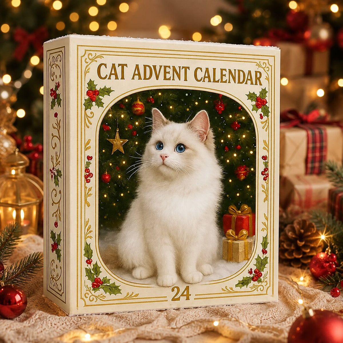 Confezione color crema del calendario dell'Avvento con cornice dorata e numero 24