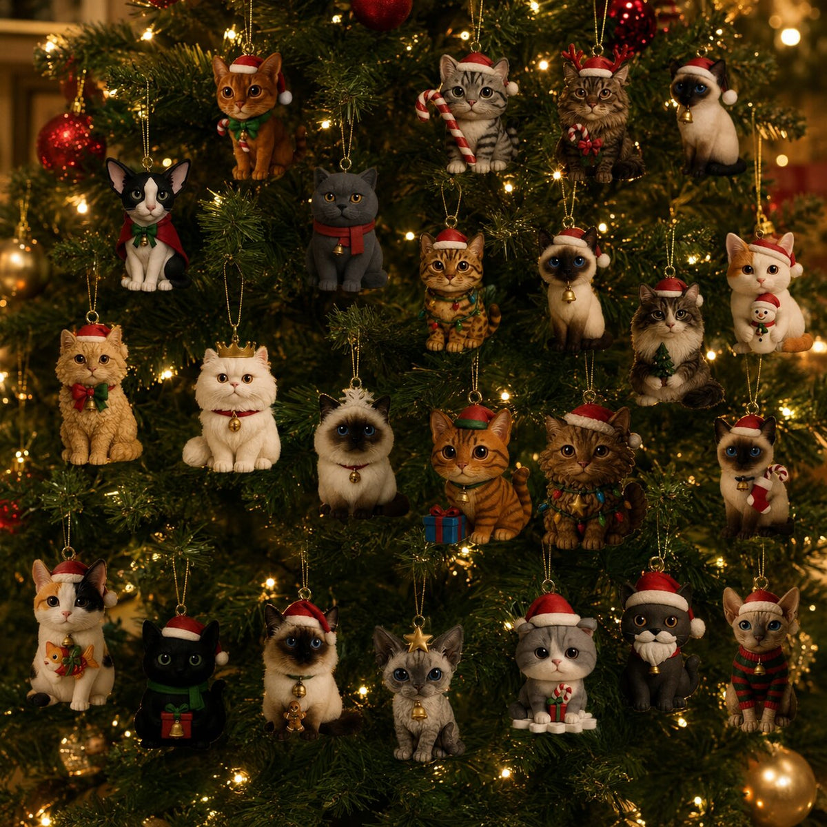 Ventiquattro ornamenti a tema gatti appesi tra i rami di un albero di Natale
