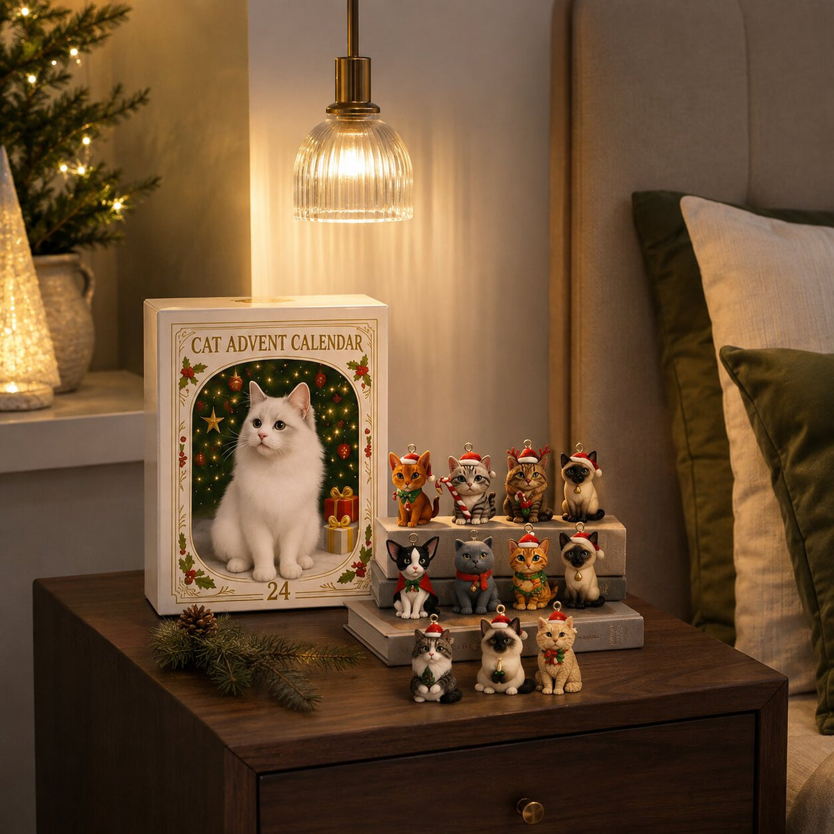 Calendario dell'Avvento dei gatti su comodino con ornamenti felini e luce calda