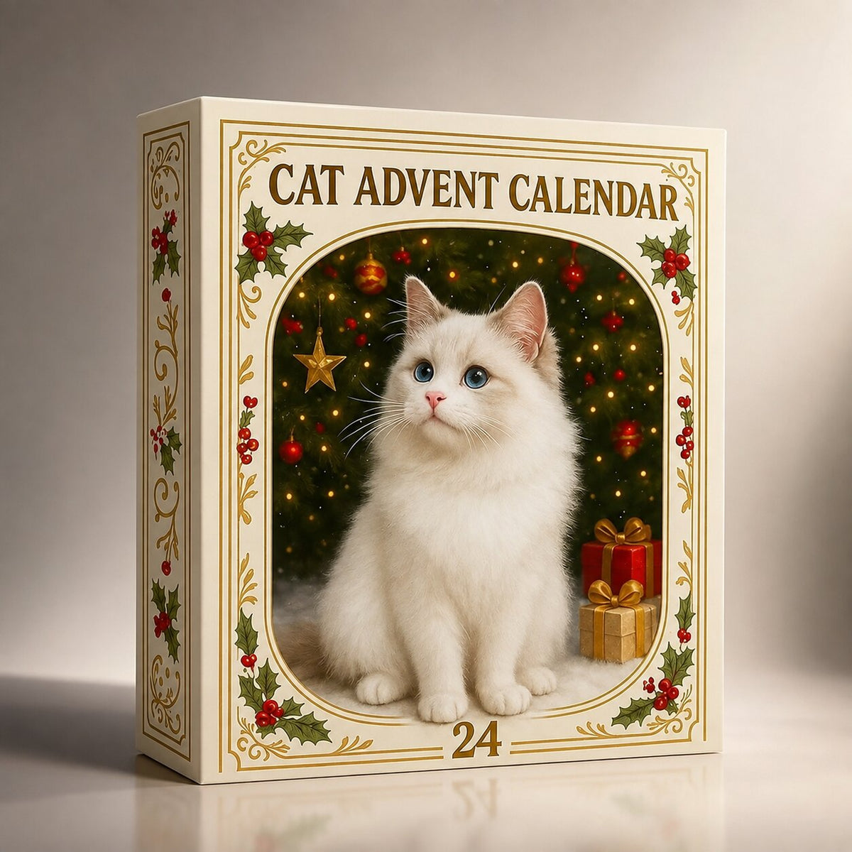 Confezione del calendario dell'Avvento dei gatti vista di tre quarti su fondo neutro