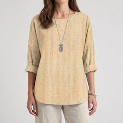 Camicetta donna beige a righe verticali con spalle scese e orlo curvo
