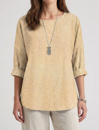 Camicetta donna beige a righe verticali con spalle scese e orlo curvo