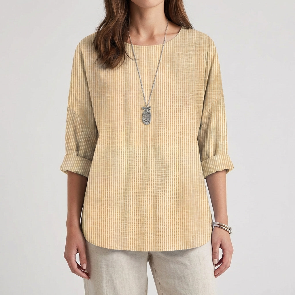 Camicetta donna beige a righe verticali con spalle scese e orlo curvo